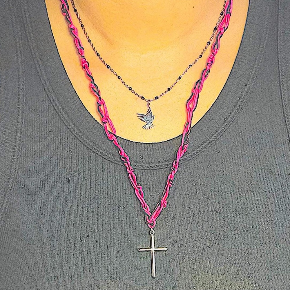 Pink&Black Woven Cotton Rope w Enamel Beaded Chain, Cross Dove Pendants - Picture 3 of 4